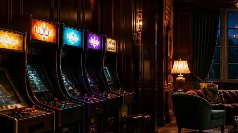 A moody lantern-lit games room with glowing cabinets