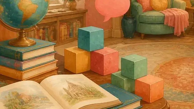 Alphabet blocks and an open book in a warm library room